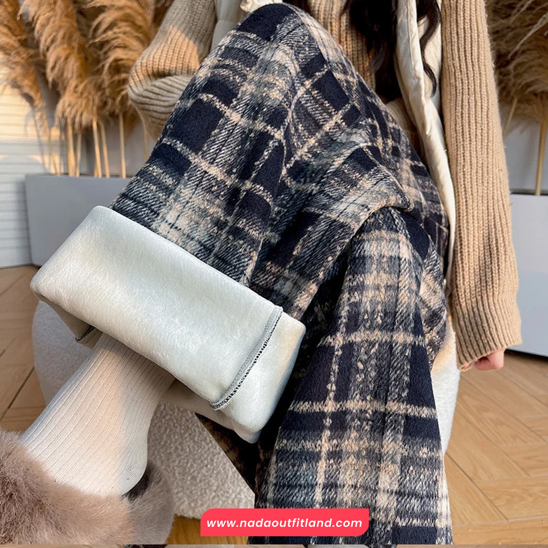 High Waist Retro Thicken Plaid Fleece Long Pants