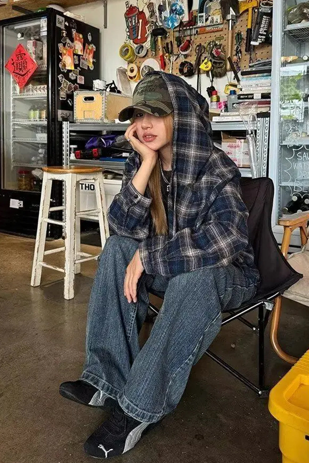 Vintage Plaid Hooded Blouse â€?Cozy Relaxed Everyday Shirt