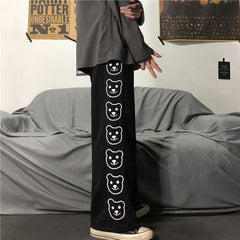 High Waist Bear Side Printed Loose Pants