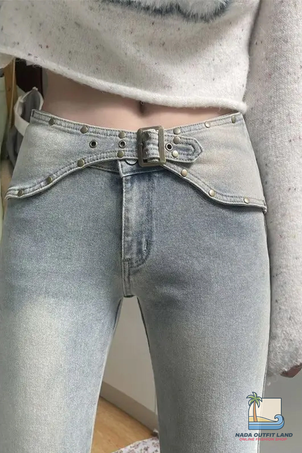 High Waist Rivet Slim Flare Grey Denim Pants