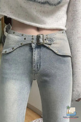 High Waist Rivet Slim Flare Grey Denim Pants