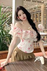 Sexy Lace Patchwork Floral Pattern Slash Neck Cropped Shirt