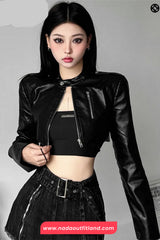Long Sleeve Classic Cropped Leather Black Jacket