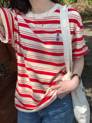 Bear Pocket Loose Short Sleeve Striped Shirt