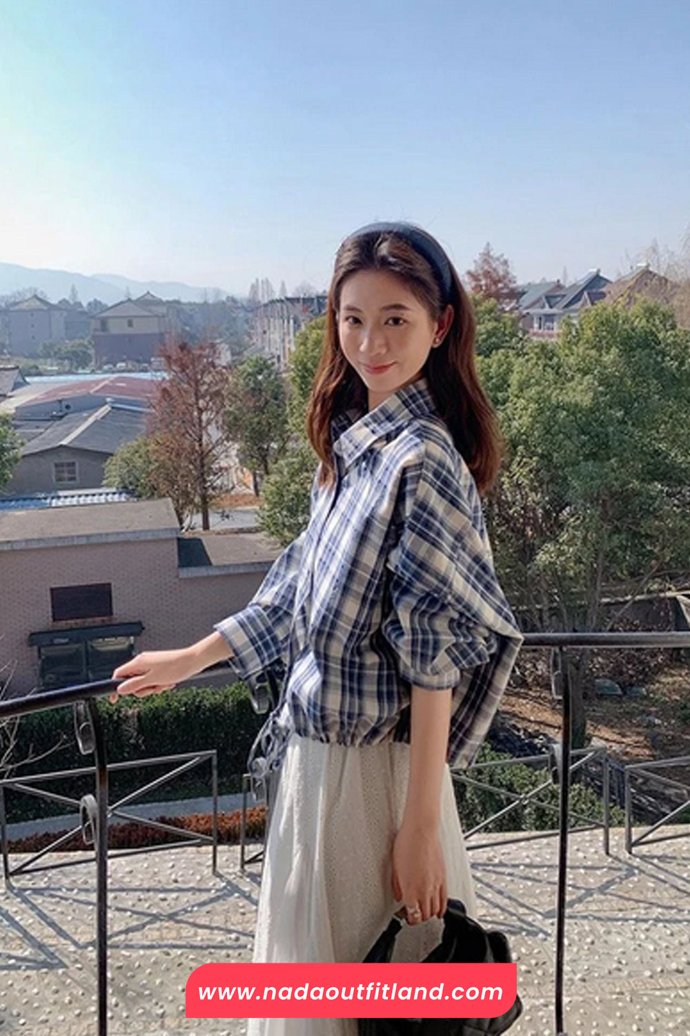 Long Sleeve Loose Drawstring Plaid Blouse Shirt