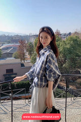 Long Sleeve Loose Drawstring Plaid Blouse Shirt