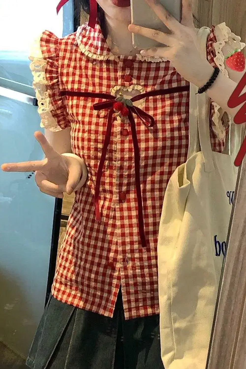 Sleeveless Plaid Pattern Cute Lace Shirt