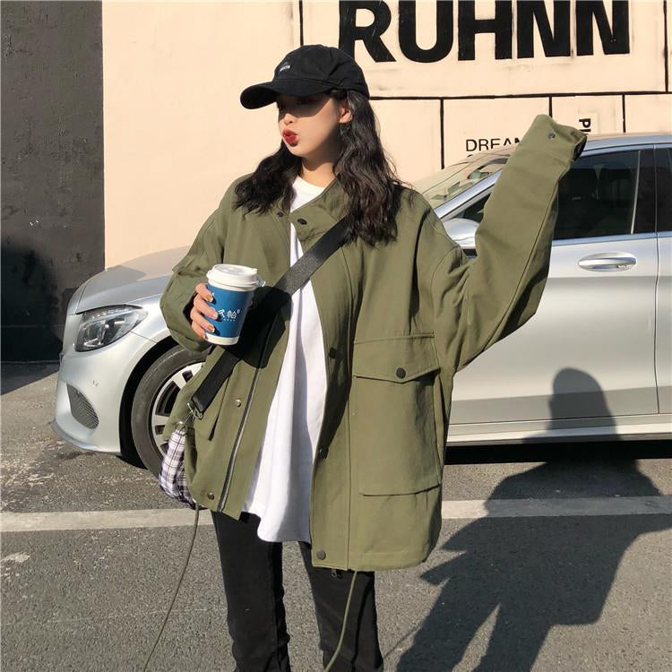 Loose Stand Collar Cargo Windbreaker Jacket