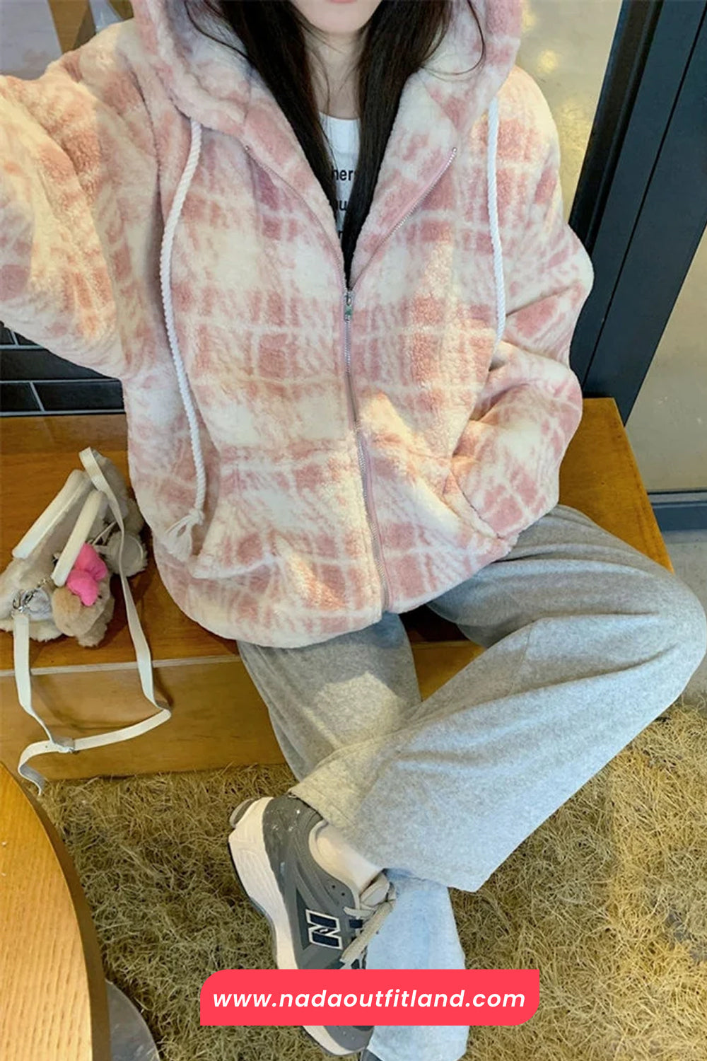 Loose Cute Pink Plaid Hooded Thick Jacket