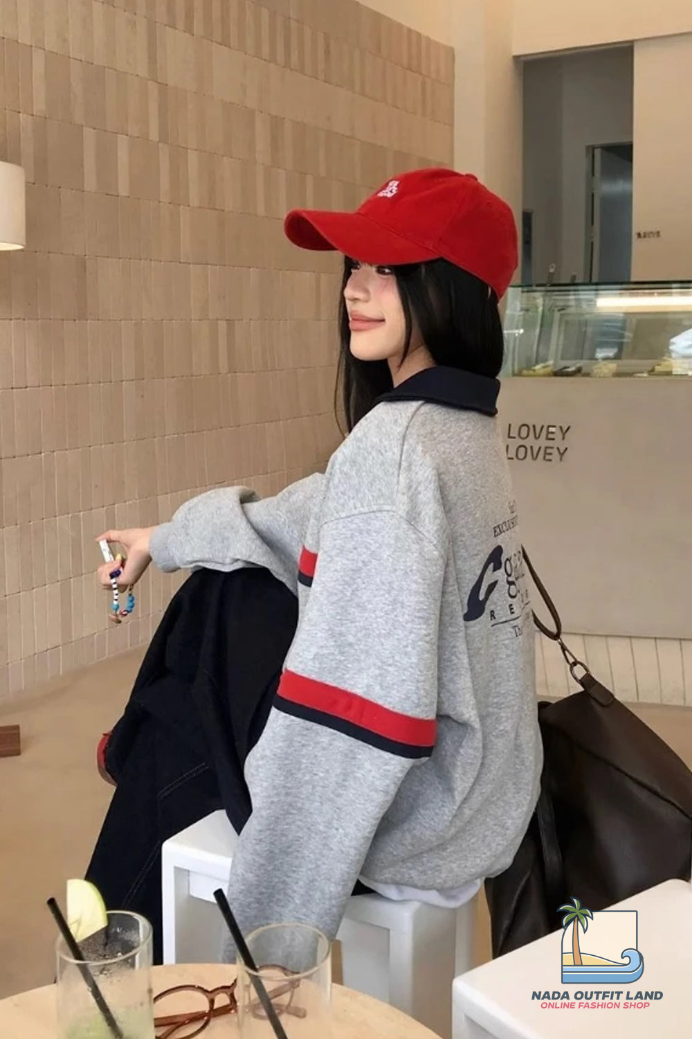 Long Sleeve Grey Striped Pattern Lapel Collar Retro Sweatshirt