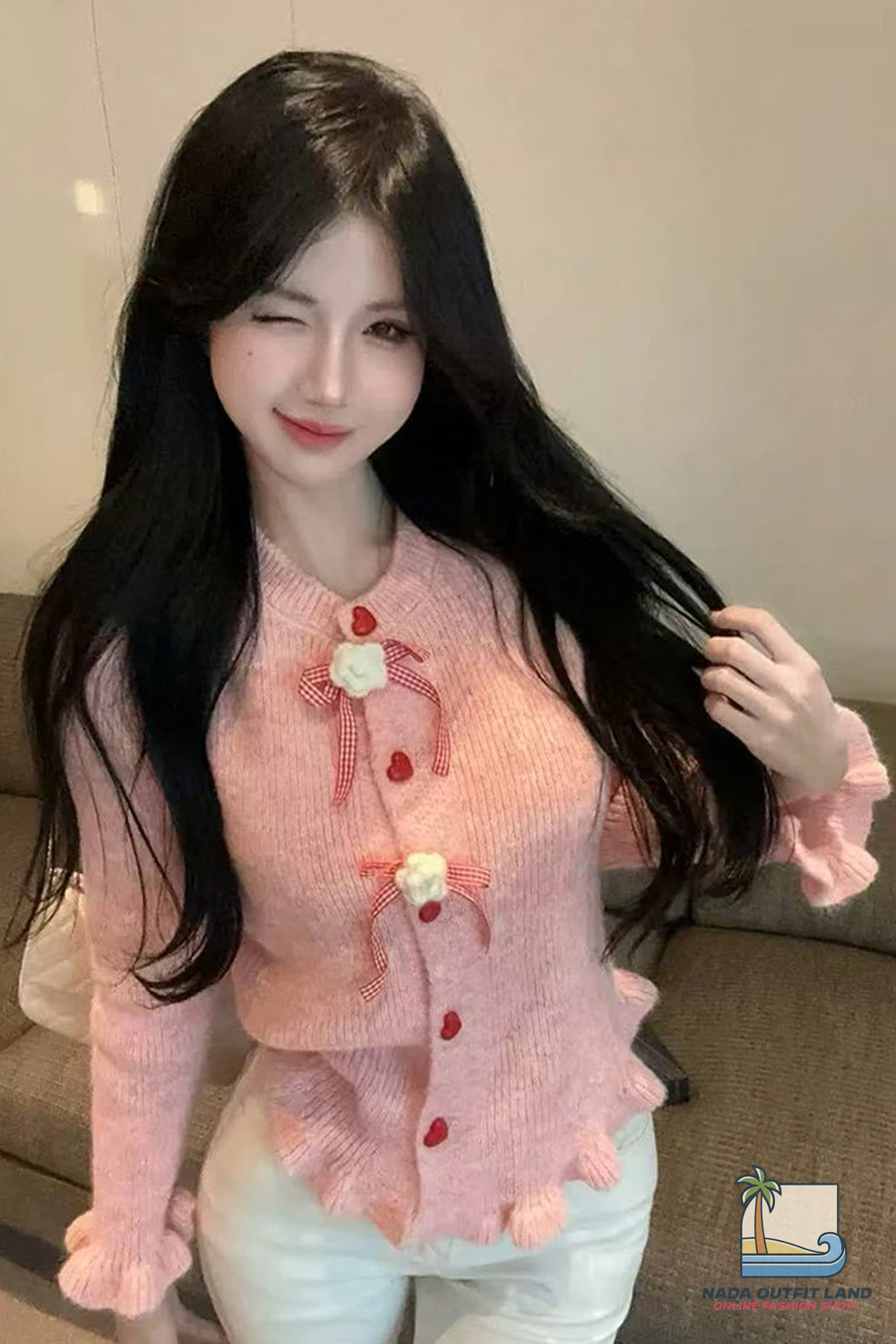 Long Sleeve Cute Bow Heart Button Cardigan Knitted Sweater