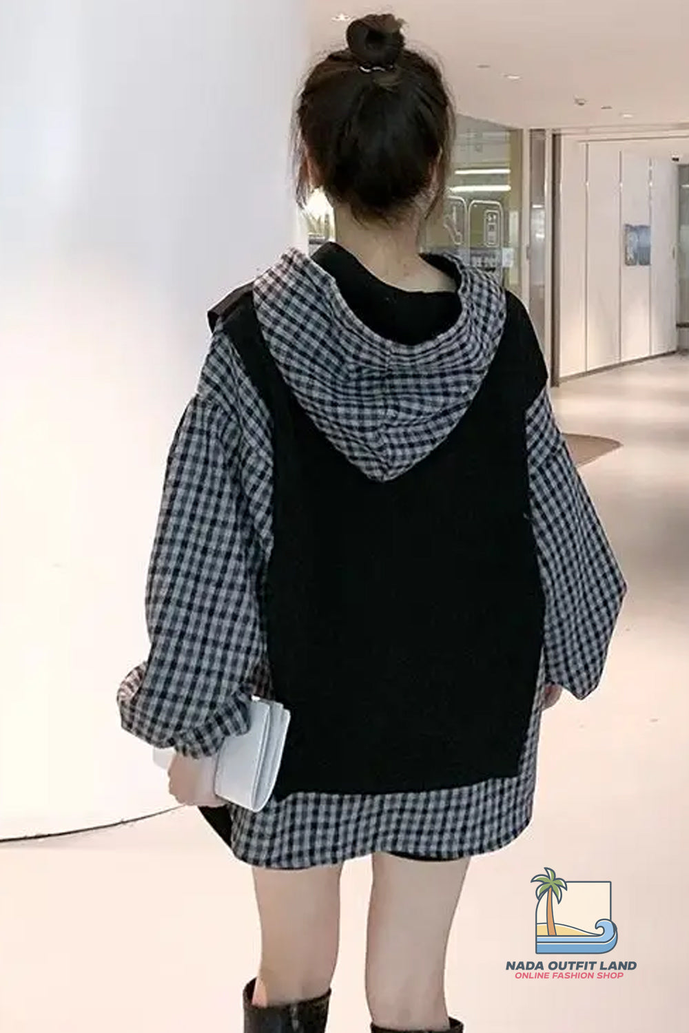 Loose Two Style Hooded Plaid Sweatshirt