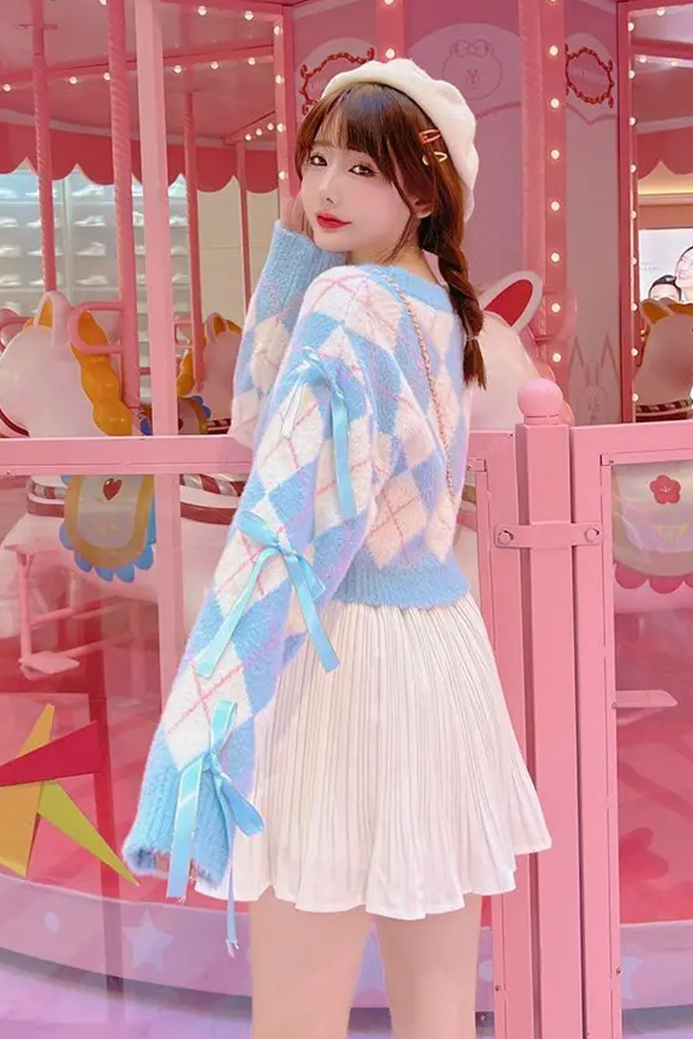 Long Sleeve Blue Argyle Pattern Cropped Bow Sweater