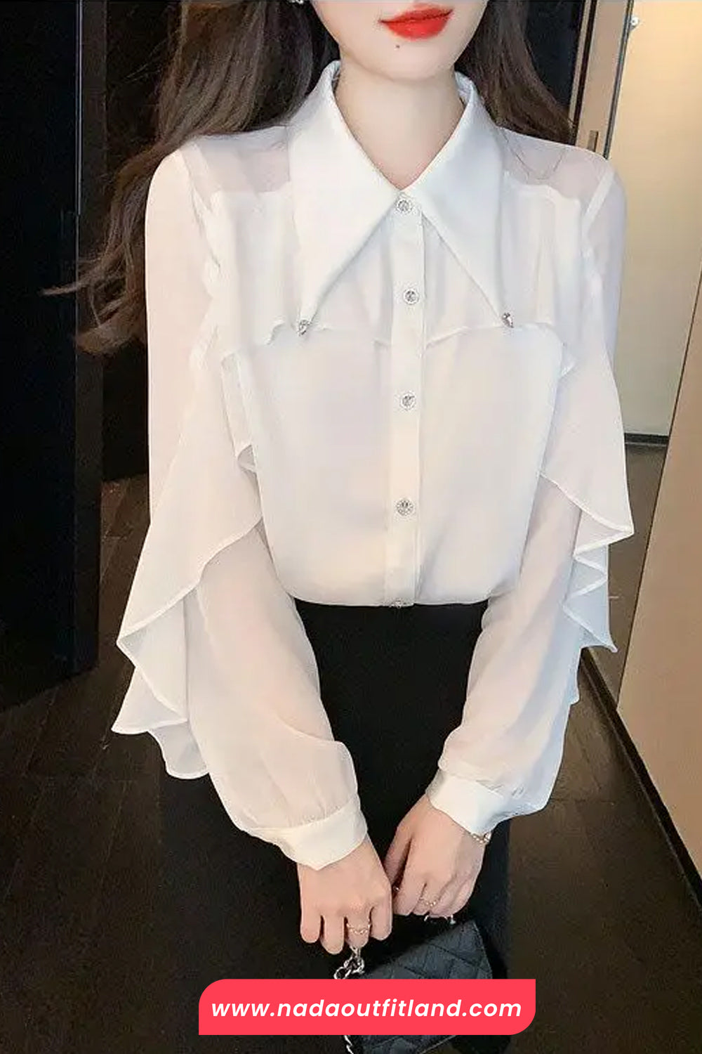 Long Sleeve Ruffled Style Chiffon Blouse Shirts