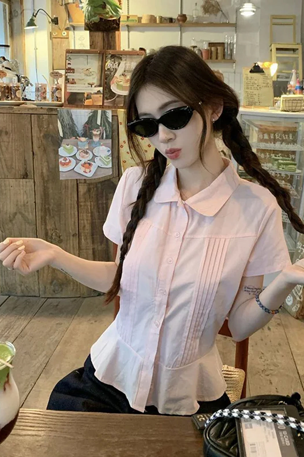 Short Sleeve Cute Pink Retro Blouse Shirt