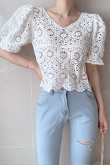 Puff Sleeve Lace Hollow Out Elegant Shirt