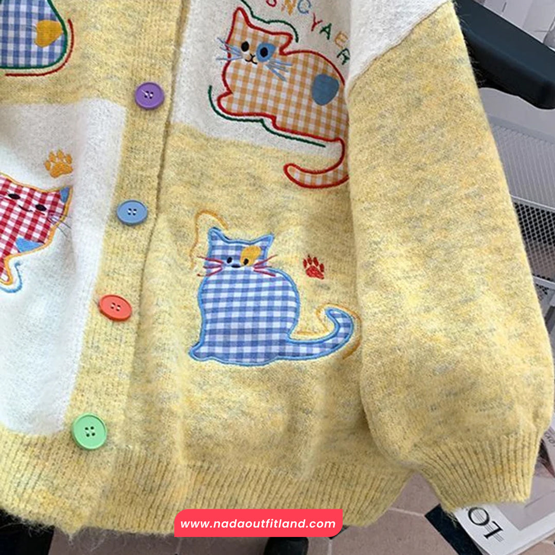 Long Sleeve Cat Embroidered Colorful Button Cardigan Sweater
