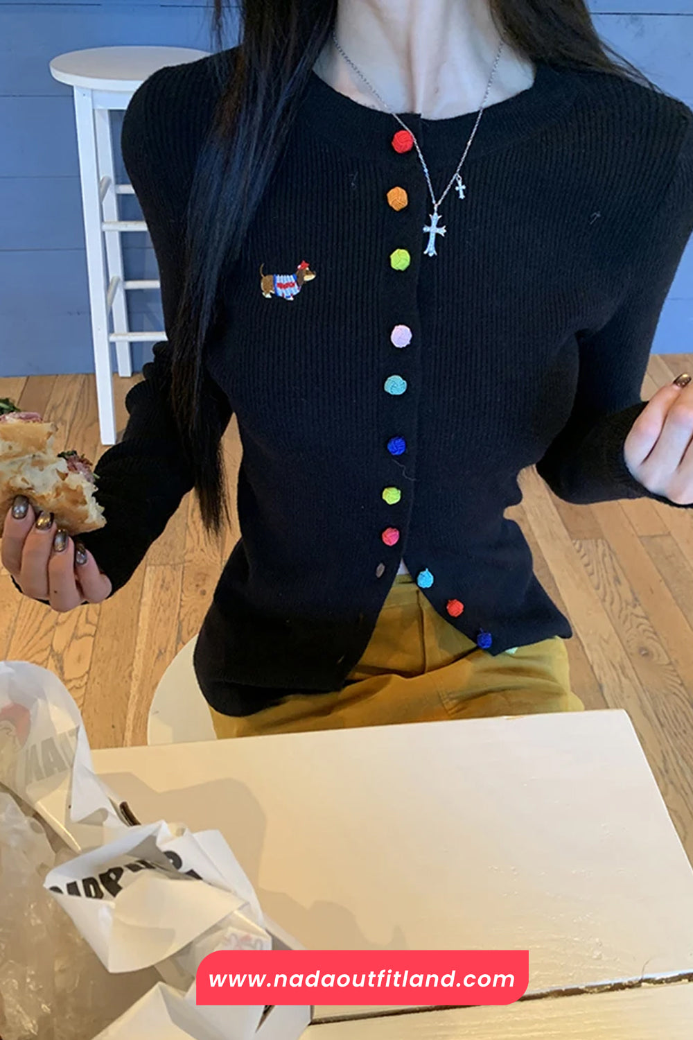 Long Sleeve Cute Dog Embroidered Colorful Buttons Cardigan Sweater