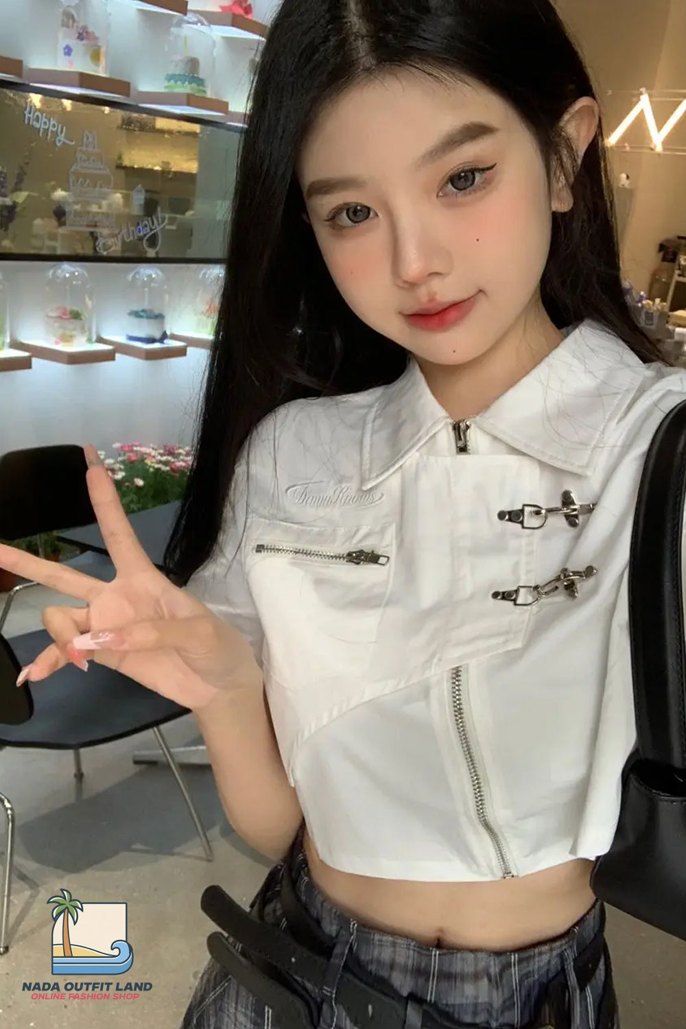 Sexy Turn Down Collar Retro Cropped Zipper Blouse Shirt