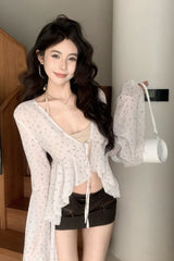 V-Neck Flare Sleeve Floral Pattern Cropped Blouse Shirt