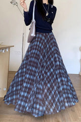 Vintage Plaid Pattern Mesh Patchwork A-Line Pleated Skirts