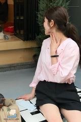 Long Sleeve Cute V-Neck Pink Blouse Shirt