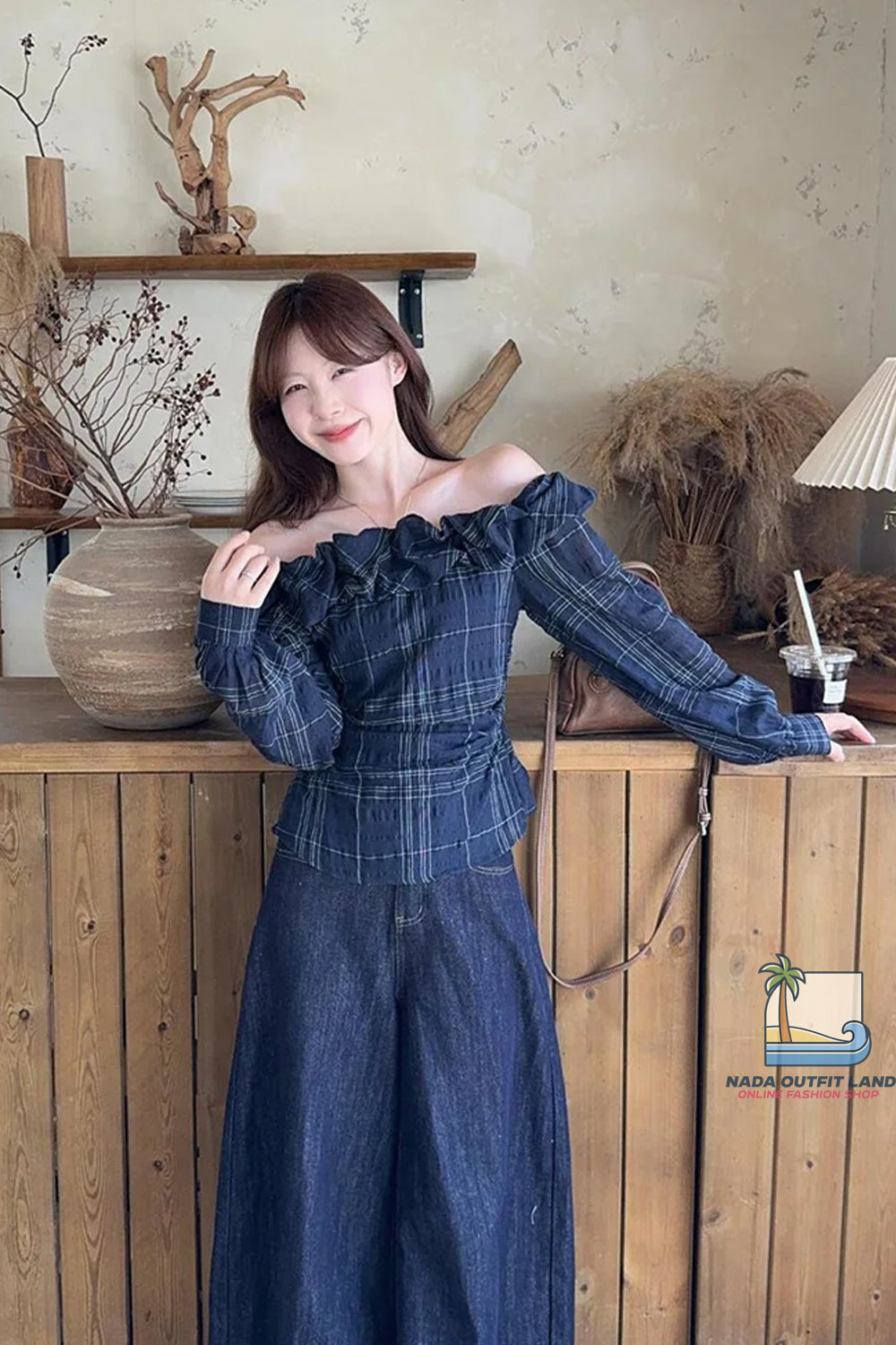 Long Sleeve Off Shoulder Plaid Pattern Ruffle Slim Blouse Shirt