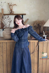 Long Sleeve Off Shoulder Plaid Pattern Ruffle Slim Blouse Shirt