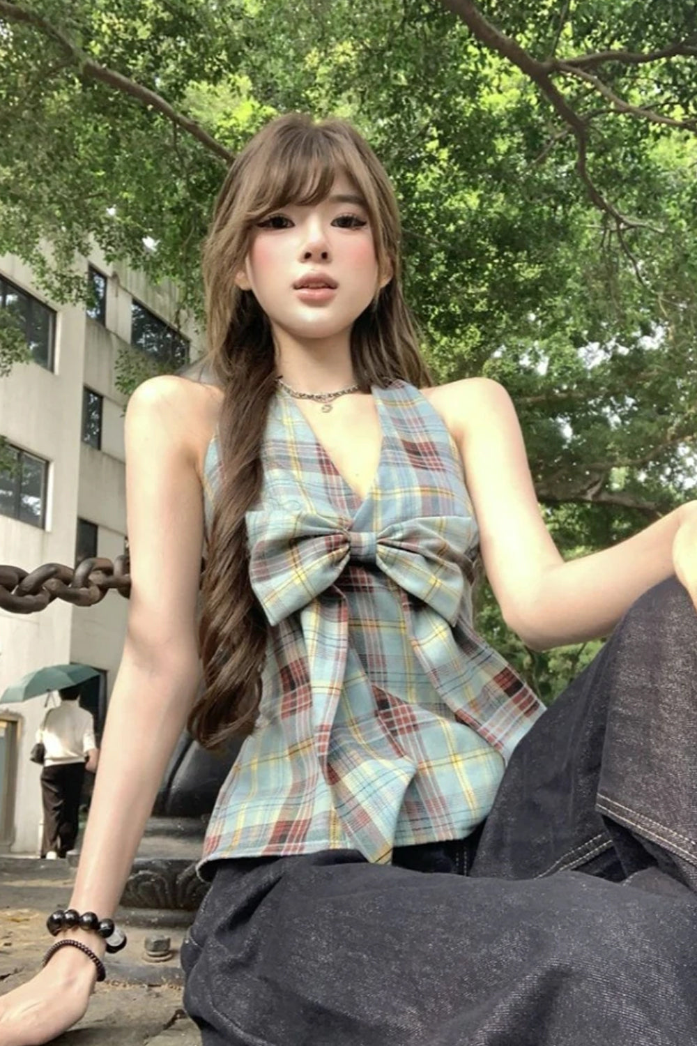 Sexy Retro Plaid Halter Bow Tie Cropped Tops