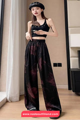 Elastic Waist Floral Pattern Black Long Pants