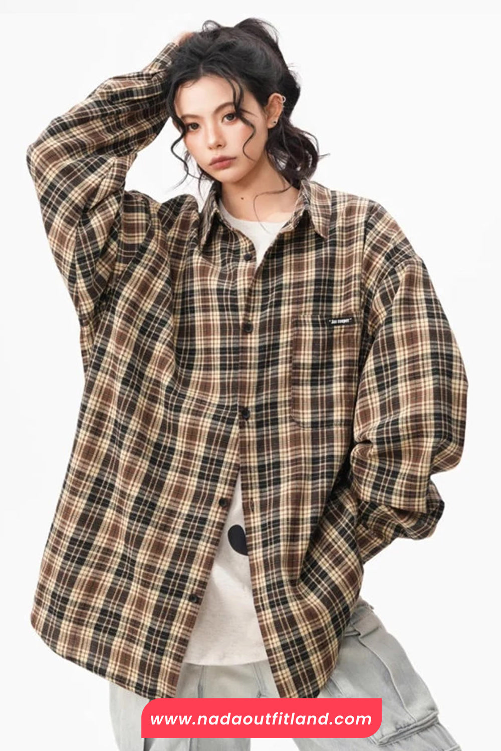Loose Long Sleeve Retro Plaid Pattern Blouse Shirt
