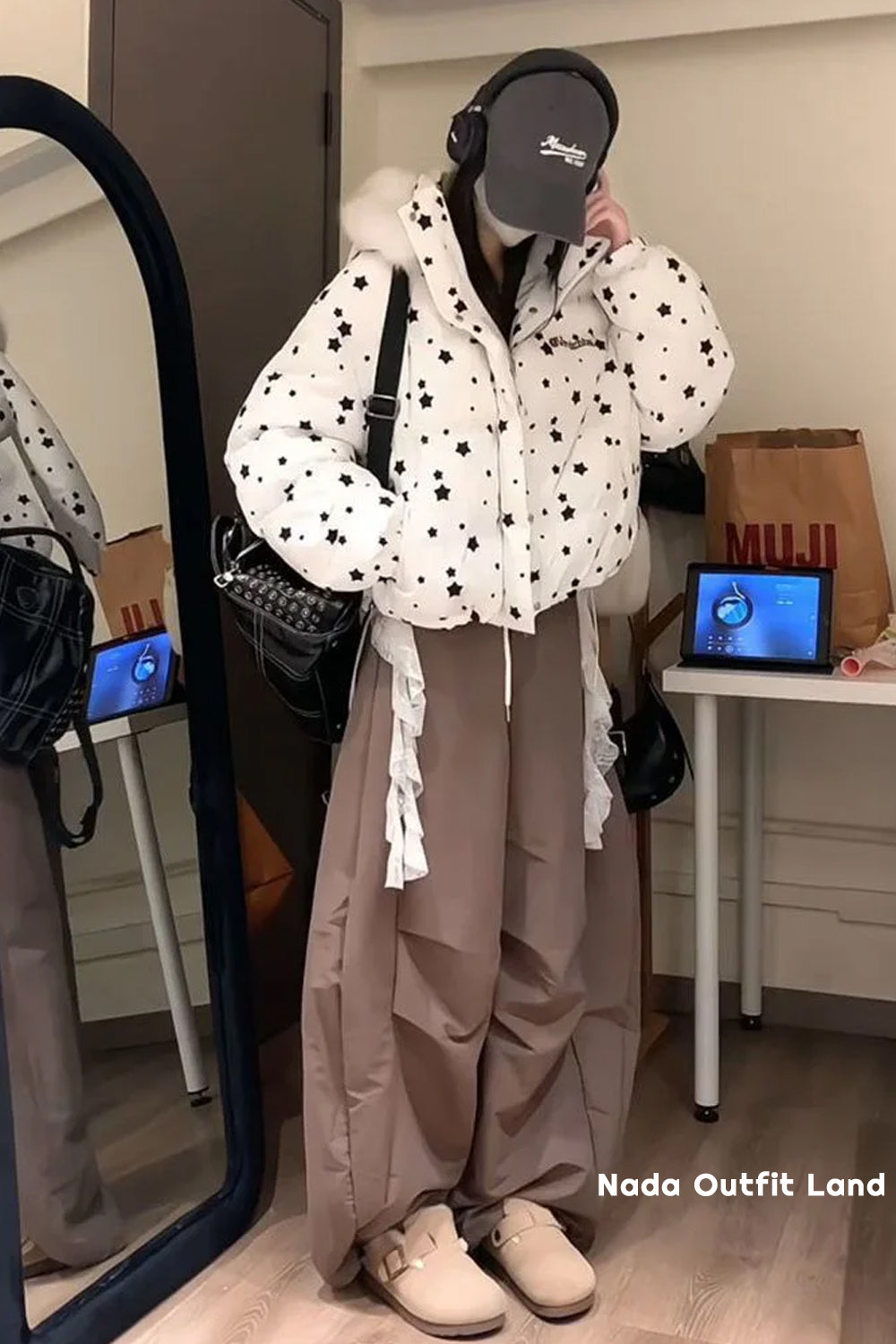 Retro Stars Pattern Cute Rabbit Ears Hooded Parkas Jacket