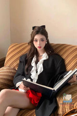 Long Sleeve Black Elegant Ruffle Patchwork Blazer Jacket