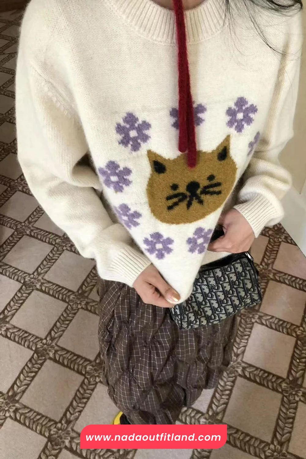 Long Sleeve Cat Embroidered O-Neck Blue Sweater