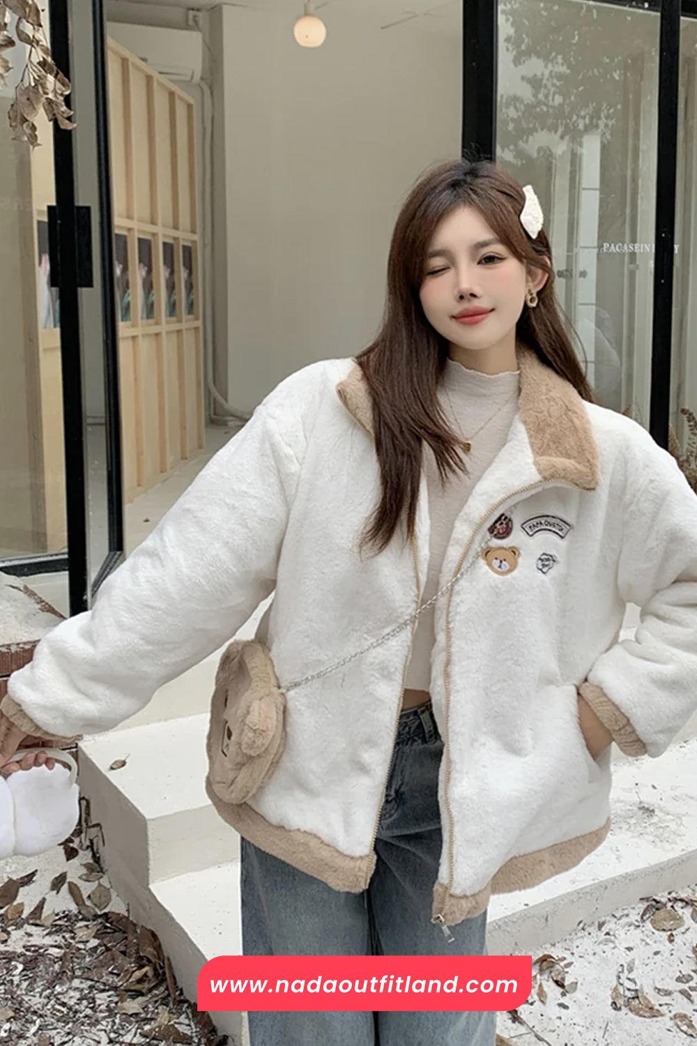 Loose Stand Neck Cute Bear Embroidered Zipper Jacket