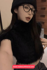 Short Sleeve Turtleneck Faux Fur Cropped Shirt