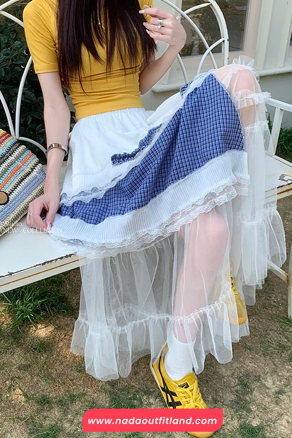 High Waist Irregular Plaid Lace Mesh Casual Skirts