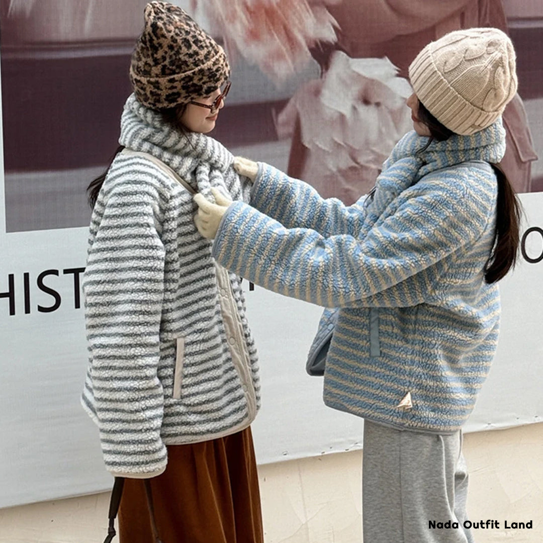 Long Sleeve Two Style Fleece Striped Padded Coat Jacket