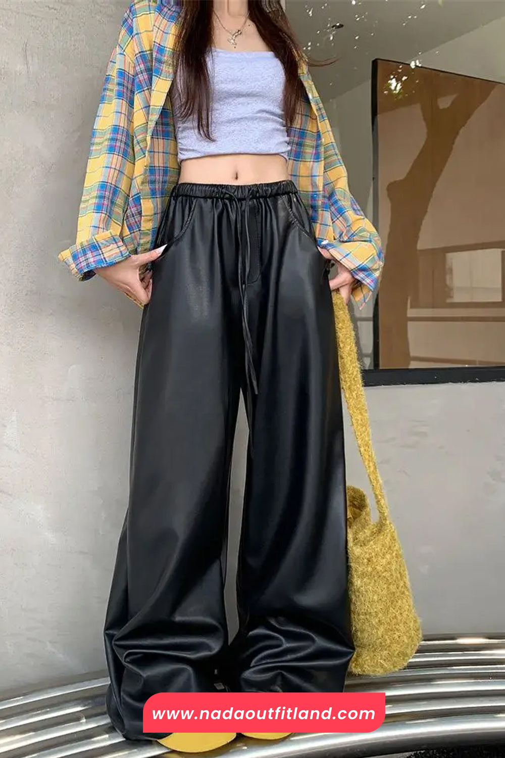 High Waist Loose Elastic Black Leather Women Pants