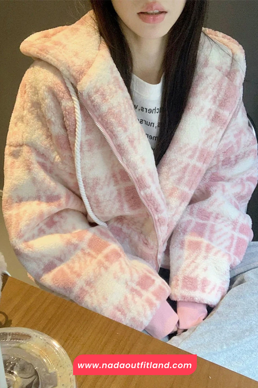 Loose Cute Pink Plaid Hooded Thick Jacket
