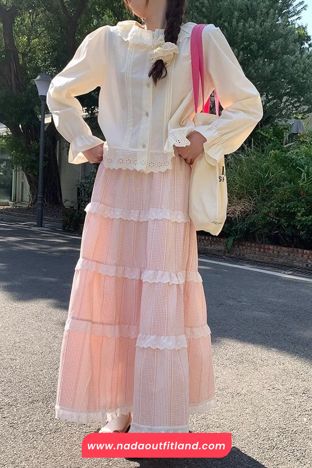 High Waist Cute Plaid Lace Patchwork Long Skirts