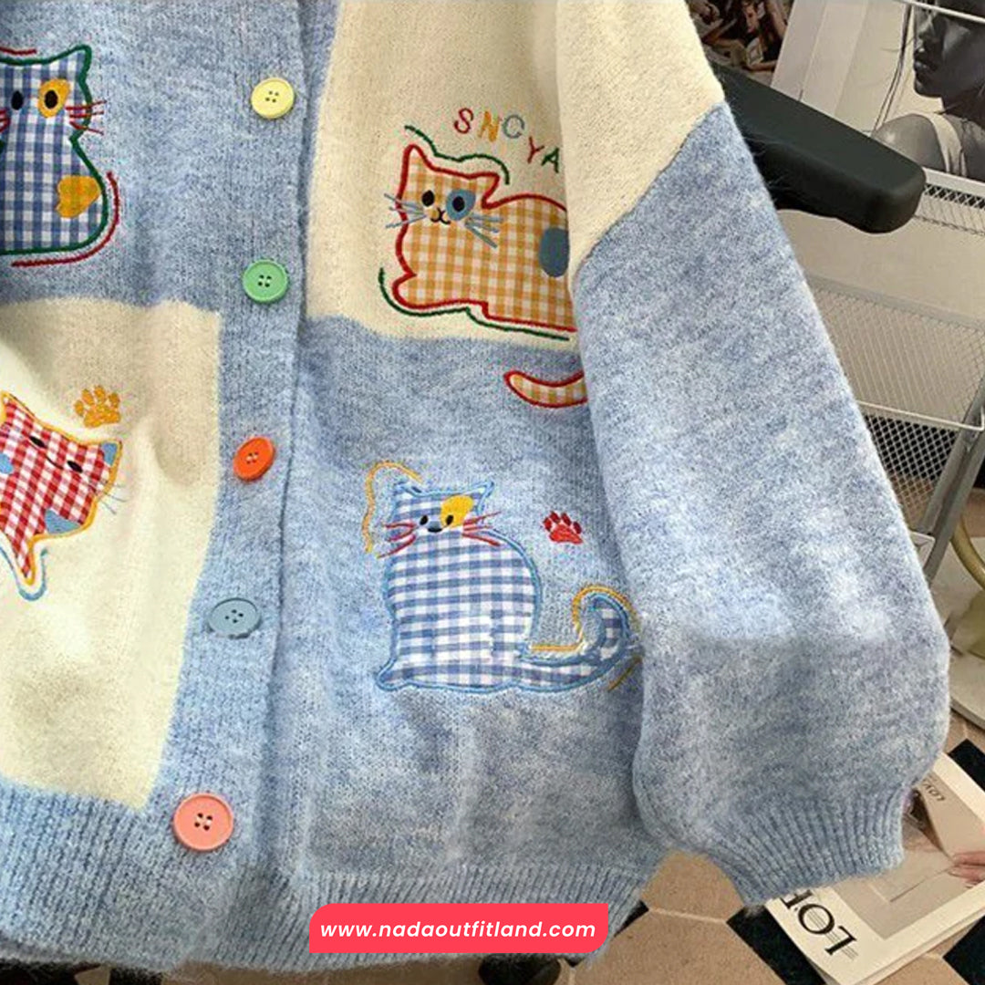 Long Sleeve Cat Embroidered Colorful Button Cardigan Sweater