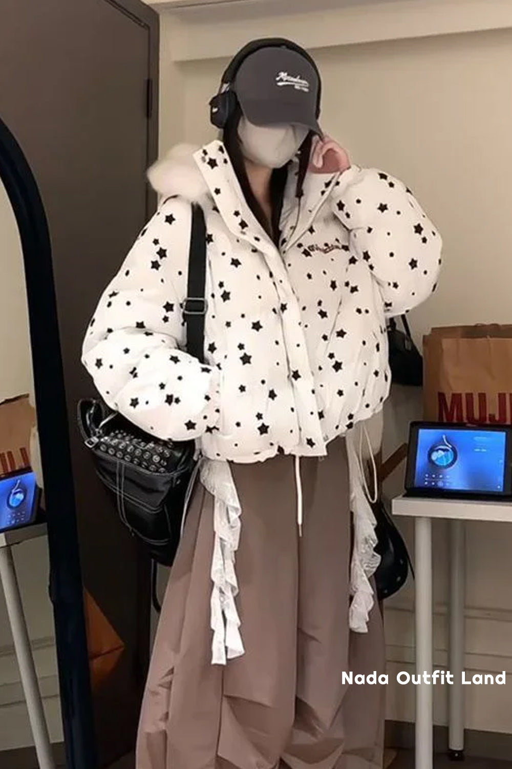 Retro Stars Pattern Cute Rabbit Ears Hooded Parkas Jacket