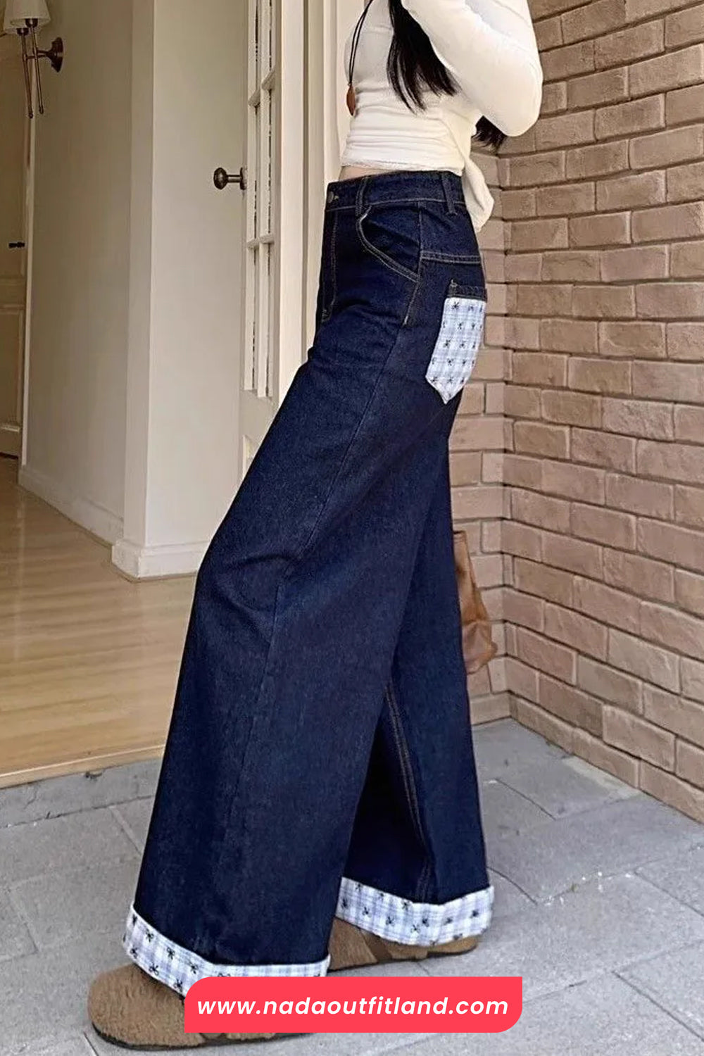High Waist Bow Plaid Patchwork Jeans Pants