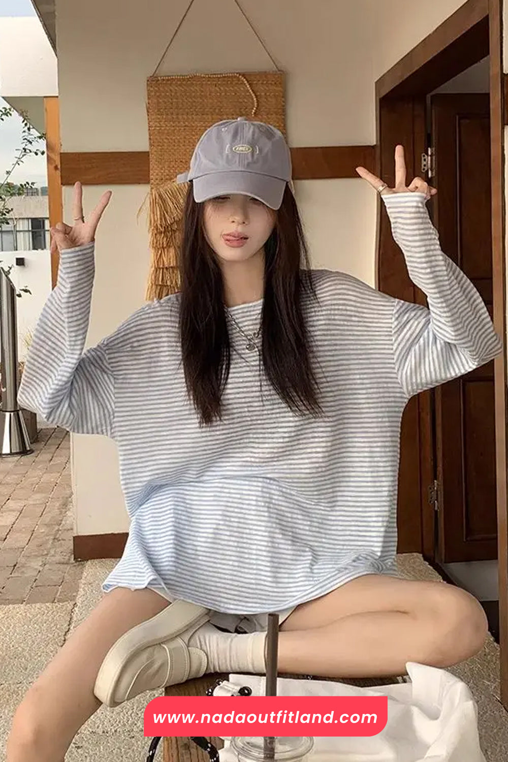 Long Sleeve Back Lace Tie Blue Striped Summer Shirts