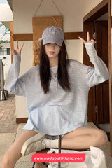 Long Sleeve Back Lace Tie Blue Striped Summer Shirts