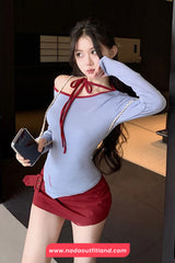 Long Sleeve Sexy Skew Collar Irregular Crop Tops