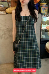 Green Plaid Slash Neck Sleeveless Summer Dress