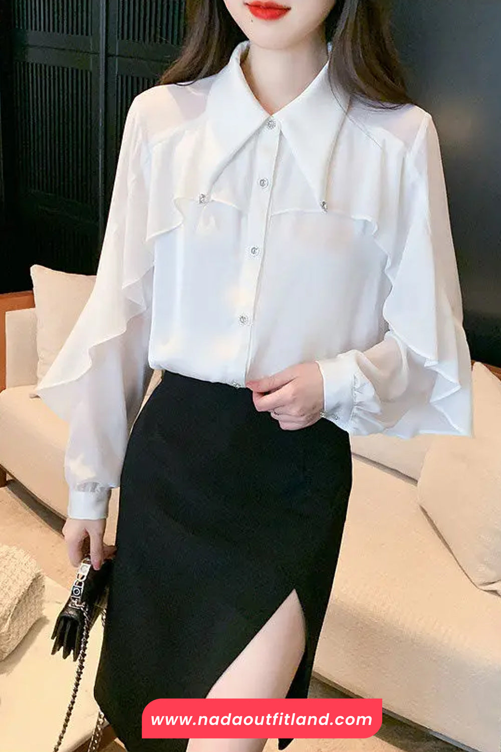 Long Sleeve Ruffled Style Chiffon Blouse Shirts