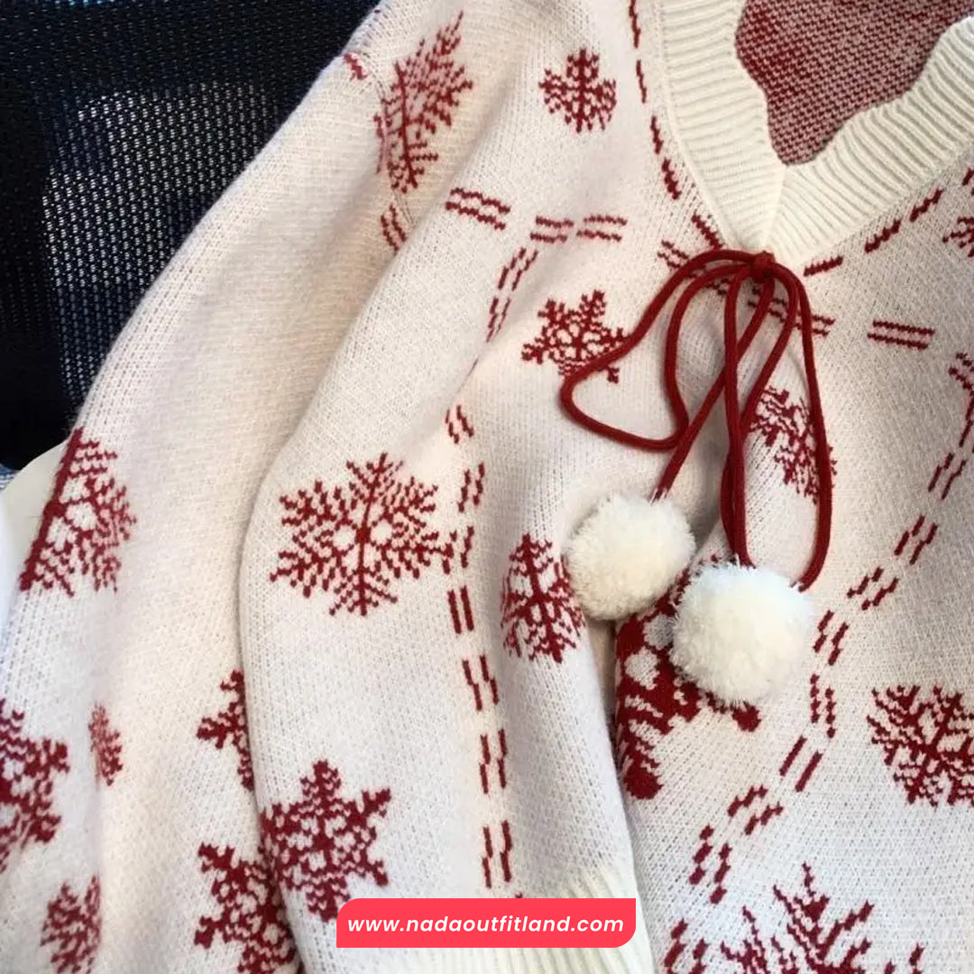 Long Sleeve Christmas Theme Pattern V-Neck Sweater